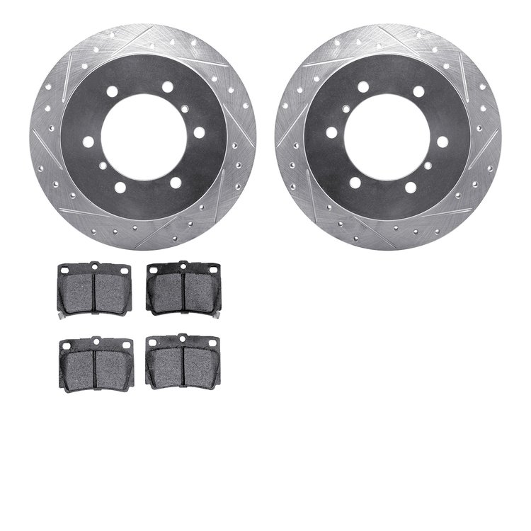 7502-72067 Drilled/Slotted Brake Rotors w/5000 Advanced Brake Pads Kit [Silver], 1997-2004 Mitsubishi, Position: Rear