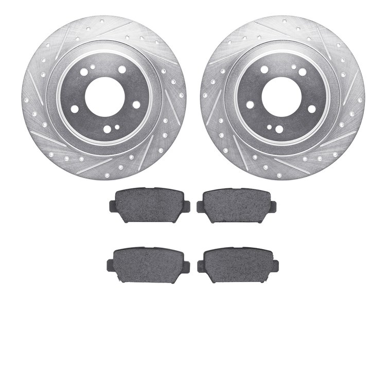 7502-72069 Drilled/Slotted Brake Rotors w/5000 Advanced Brake Pads Kit [Silver], Fits Select Mitsubishi, Position: Rear