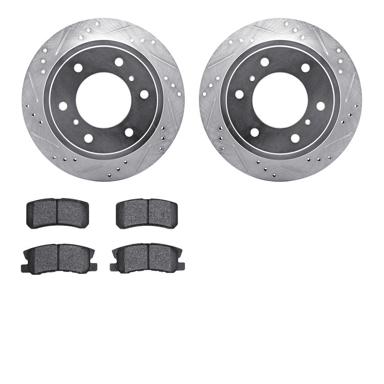 7502-72073 Drilled/Slotted Brake Rotors w/5000 Advanced Brake Pads Kit [Silver], 2000-2006 Mitsubishi, Position: Rear