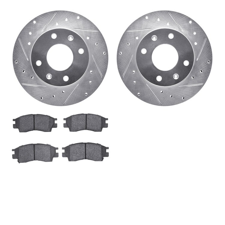 7502-72085 Drilled/Slotted Brake Rotors w/5000 Advanced Brake Pads Kit [Silver], 1988-1990 Mitsubishi, Position: Front
