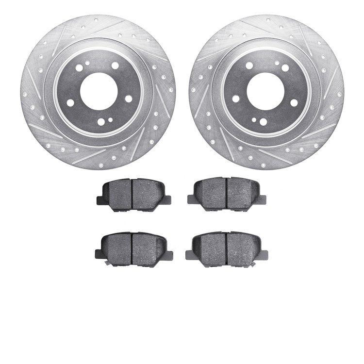 7502-72087 Drilled/Slotted Brake Rotors w/5000 Advanced Brake Pads Kit [Silver], Fits Select Mitsubishi, Position: Rear