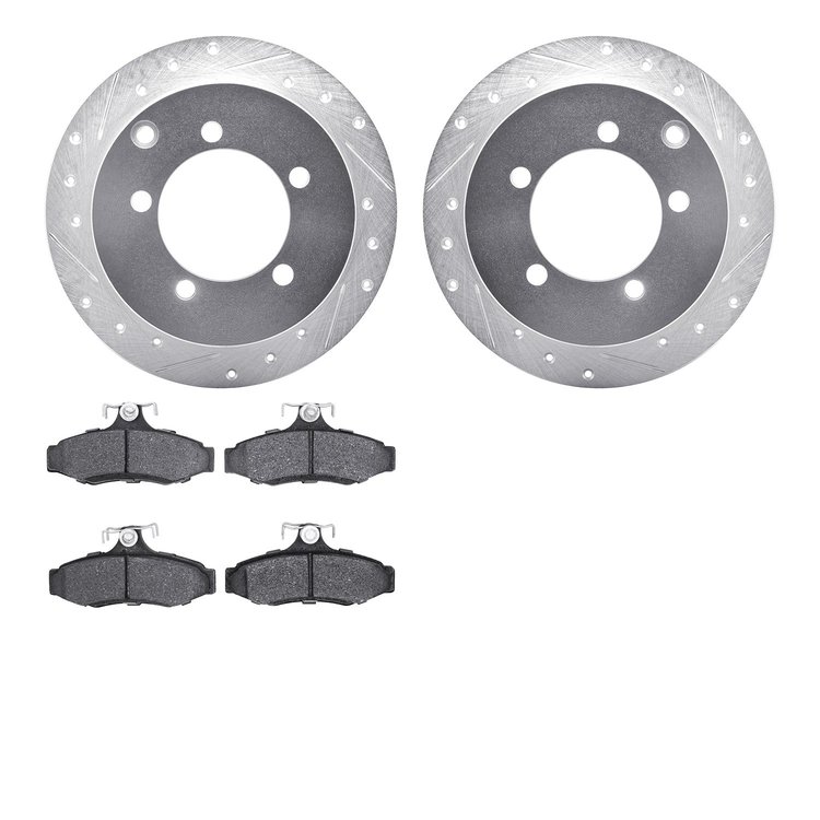 7502-72130 Drilled/Slotted Brake Rotors w/5000 Advanced Brake Pads Kit [Silver], 1997-2004 Mitsubishi, Position: Rear