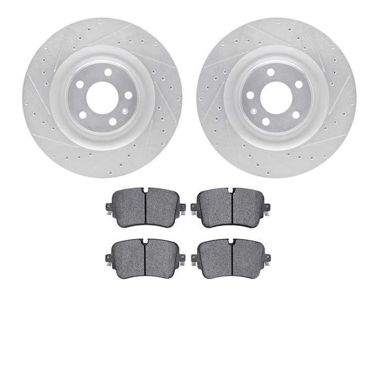 7502-73007 Drilled/Slotted Brake Rotors w/5000 Advanced Brake Pads Kit [Silver], 2017-2020 Audi/Volkswagen, Position: Rear