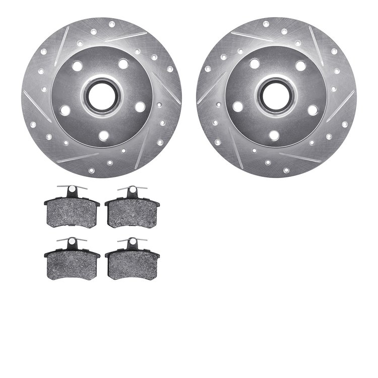 7502-73018 Drilled/Slotted Brake Rotors w/5000 Advanced Brake Pads Kit [Silver], 1996-1997 Audi/Volkswagen, Position: Rear
