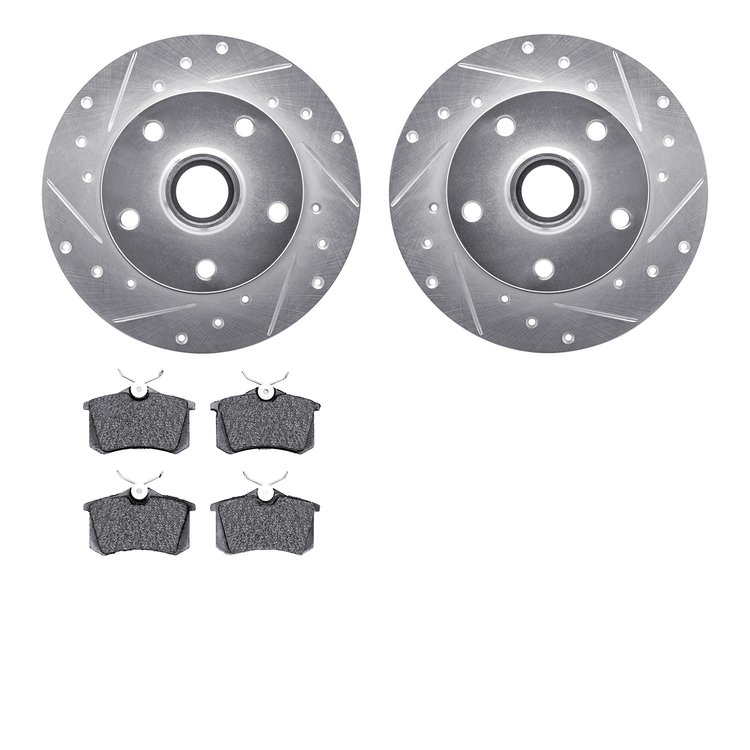 7502-73020 Drilled/Slotted Brake Rotors w/5000 Advanced Brake Pads Kit [Silver], 1997-2001 Audi/Volkswagen, Position: Rear