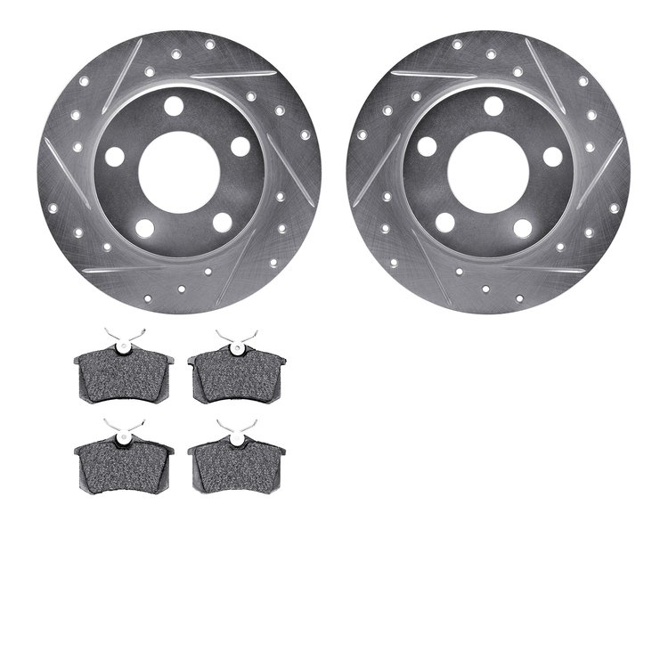 7502-73025 Drilled/Slotted Brake Rotors w/5000 Advanced Brake Pads Kit [Silver], 1999-2002 Audi/Volkswagen, Position: Rear