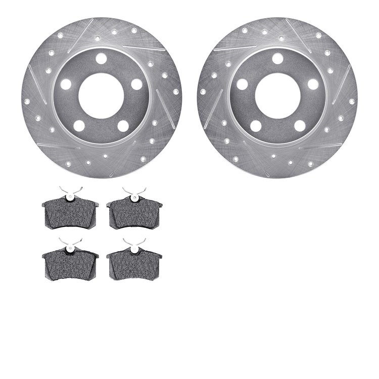 7502-73027 Drilled/Slotted Brake Rotors w/5000 Advanced Brake Pads Kit [Silver], 2001-2005 Audi/Volkswagen, Position: Rear