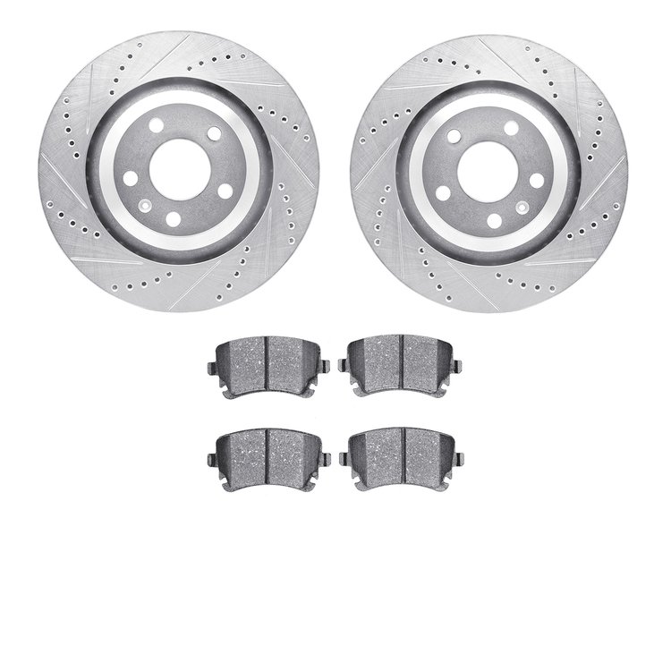 7502-73042 Drilled/Slotted Brake Rotors w/5000 Advanced Brake Pads Kit [Silver], 2005-2011 Audi/Volkswagen, Position: Rear