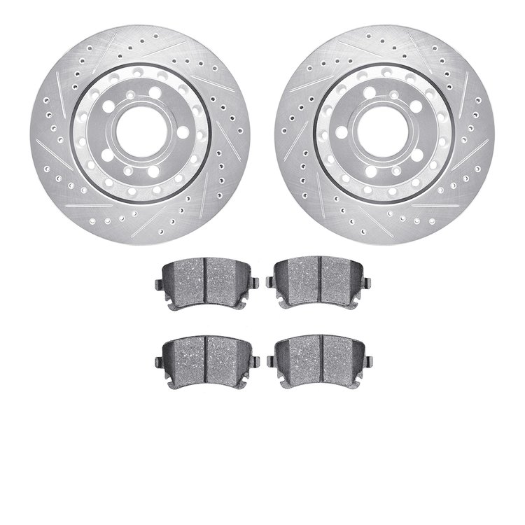 7502-73043 Drilled/Slotted Brake Rotors w/5000 Advanced Brake Pads Kit [Silver], 2004-2010 Audi/Volkswagen, Position: Rear