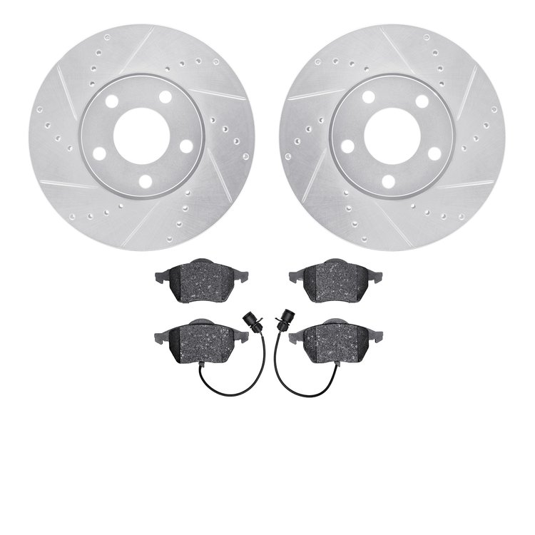 7502-73044 Drilled/Slotted Brake Rotors w/5000 Advanced Brake Pads Kit [Silver], 1992-1998 Audi/Volkswagen, Position: Front
