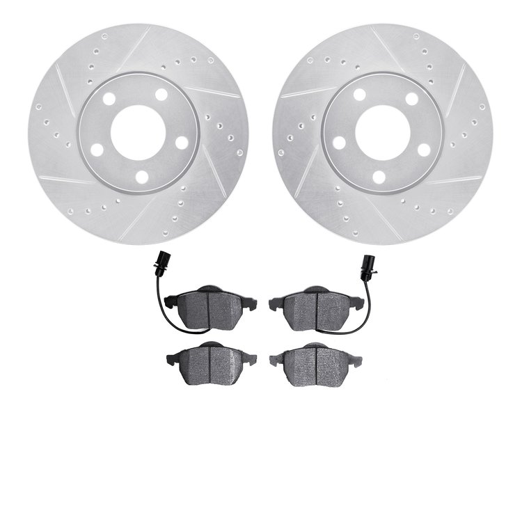 7502-73046 Drilled/Slotted Brake Rotors w/5000 Advanced Brake Pads Kit [Silver], 1998-2008 Audi/Volkswagen, Position: Front