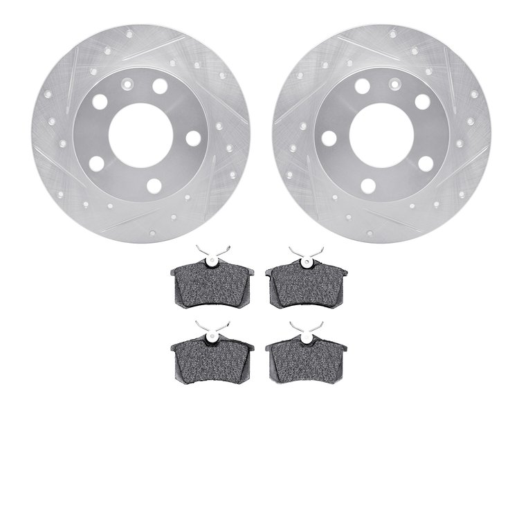7502-73049 Drilled/Slotted Brake Rotors w/5000 Advanced Brake Pads Kit [Silver], 2002-2006 Audi/Volkswagen, Position: Rear