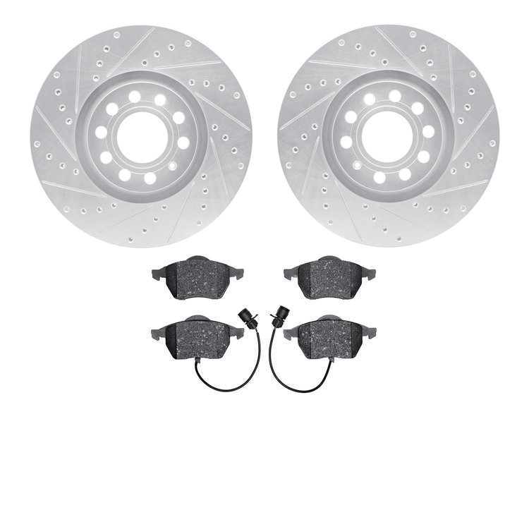 7502-73051 Drilled/Slotted Brake Rotors w/5000 Advanced Brake Pads Kit [Silver], 1997-2000 Audi/Volkswagen, Position: Front
