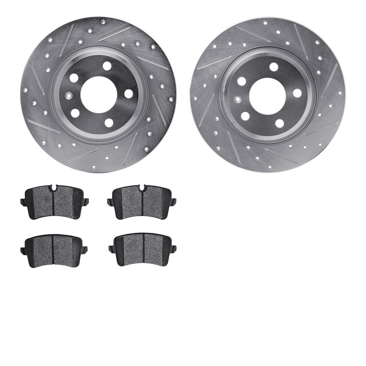 7502-73067 Drilled/Slotted Brake Rotors w/5000 Advanced Brake Pads Kit [Silver], 2012-2013 Audi/Volkswagen, Position: Rear