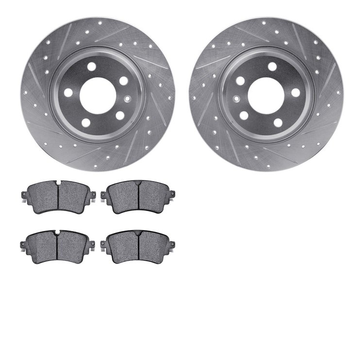 7502-73068 Drilled/Slotted Brake Rotors w/5000 Advanced Brake Pads Kit [Silver], 2016-2020 Audi/Volkswagen, Position: Rear