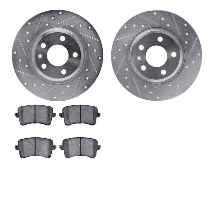 7502-73069 Drilled/Slotted Brake Rotors w/5000 Advanced Brake Pads Kit [Silver], 2008-2016 Audi/Volkswagen, Position: Rear