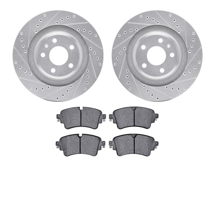 7502-73082 Drilled/Slotted Brake Rotors w/5000 Advanced Brake Pads Kit [Silver], 2016-2020 Audi/Volkswagen, Position: Rear