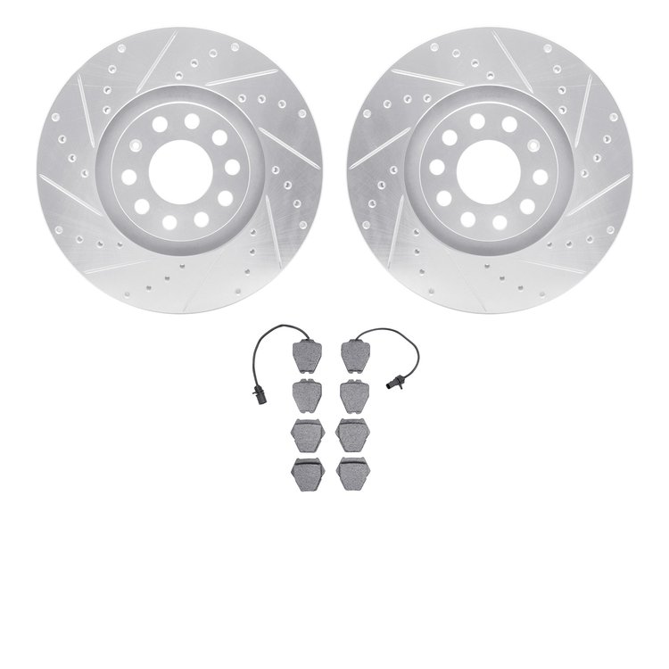7502-73232 Drilled/Slotted Brake Rotors w/5000 Advanced Brake Pads Kit [Silver], 1999-2005 Audi/Volkswagen, Position: Front