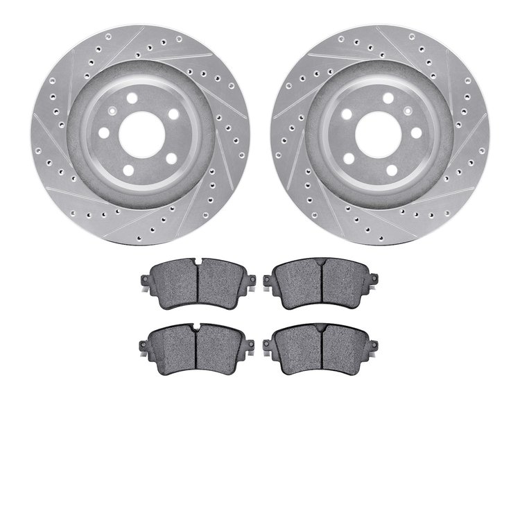 7502-73393 Drilled/Slotted Brake Rotors w/5000 Advanced Brake Pads Kit [Silver], 2018-2020 Audi/Volkswagen, Position: Rear