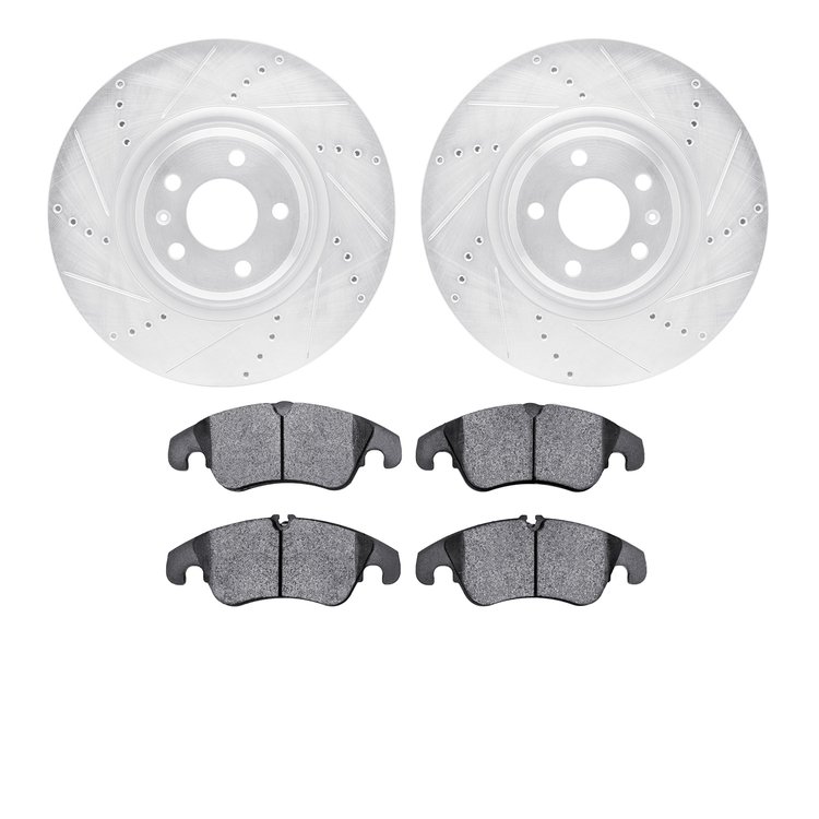7502-73407 Drilled/Slotted Brake Rotors w/5000 Advanced Brake Pads Kit [Silver], 2012-2017 Audi/Volkswagen, Position: Front