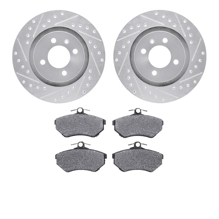 7502-74011 Drilled/Slotted Brake Rotors w/5000 Advanced Brake Pads Kit [Silver], 1990-1993 Audi/Volkswagen, Position: Front