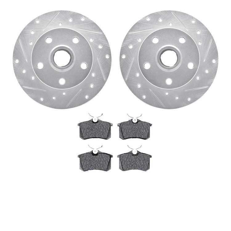 7502-74013 Drilled/Slotted Brake Rotors w/5000 Advanced Brake Pads Kit [Silver], 1992-1998 Audi/Volkswagen, Position: Rear