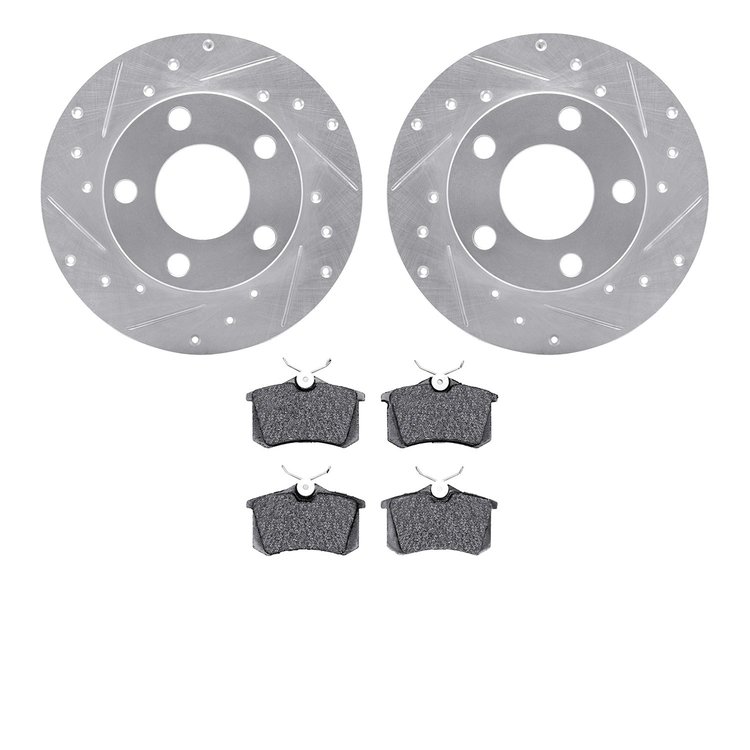 7502-74022 Drilled/Slotted Brake Rotors w/5000 Advanced Brake Pads Kit [Silver], 1998-2005 Audi/Volkswagen, Position: Rear
