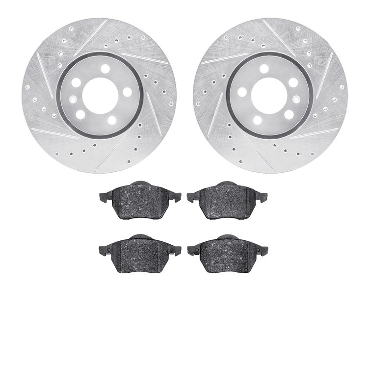 7502-74023 Drilled/Slotted Brake Rotors w/5000 Advanced Brake Pads Kit [Silver], 1996-1998 Audi/Volkswagen, Position: Front