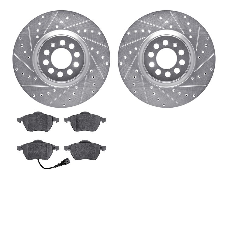 7502-74043 Drilled/Slotted Brake Rotors w/5000 Advanced Brake Pads Kit [Silver], 2003-2006 Audi/Volkswagen, Position: Front