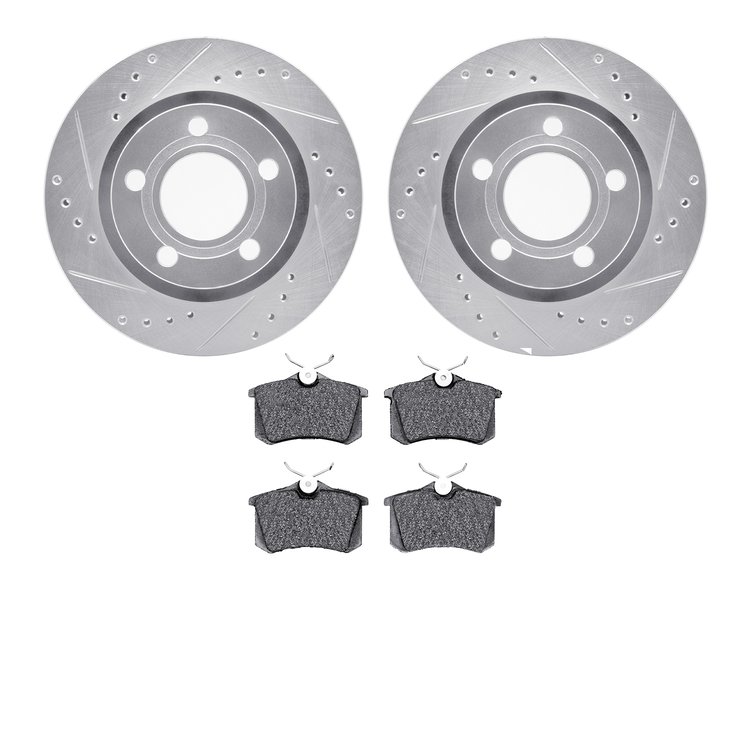 7502-74047 Drilled/Slotted Brake Rotors w/5000 Advanced Brake Pads Kit [Silver], 1999-2004 Audi/Volkswagen, Position: Rear