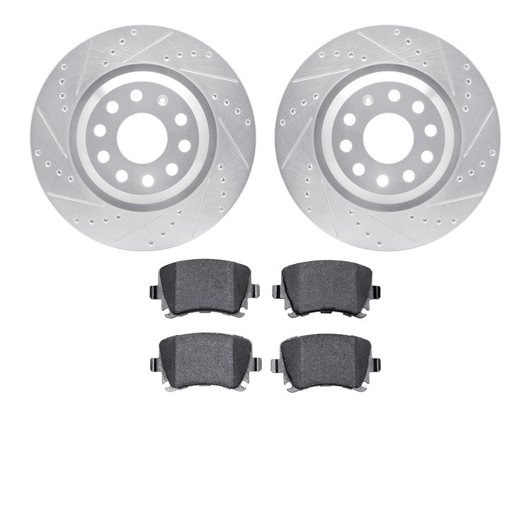 7502-74057 Drilled/Slotted Brake Rotors w/5000 Advanced Brake Pads Kit [Silver], 2008-2016 Audi/Volkswagen, Position: Rear