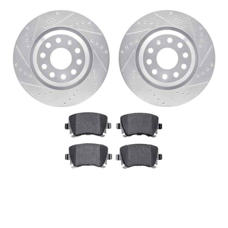 7502-74058 Drilled/Slotted Brake Rotors w/5000 Advanced Brake Pads Kit [Silver], 2006-2021 Audi/Volkswagen, Position: Rear