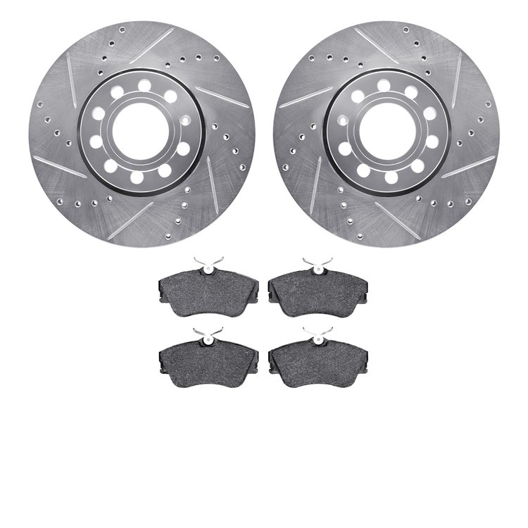 7502-74072 Drilled/Slotted Brake Rotors w/5000 Advanced Brake Pads Kit [Silver], 1992-1995 Audi/Volkswagen, Position: Front