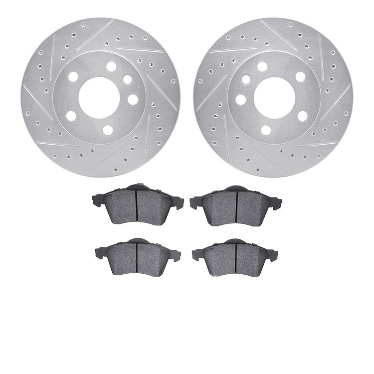 7502-74080 Drilled/Slotted Brake Rotors w/5000 Advanced Brake Pads Kit [Silver], 1996-1999 Audi/Volkswagen, Position: Front