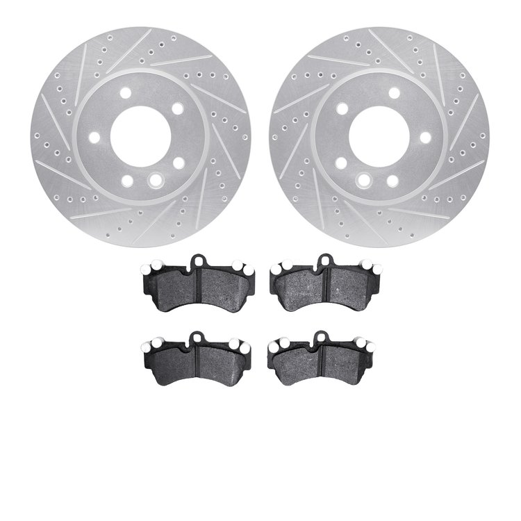 7502-74085 Drilled/Slotted Brake Rotors w/5000 Advanced Brake Pads Kit [Silver], 2003-2010 Multiple Makes/Models, Position: Fron