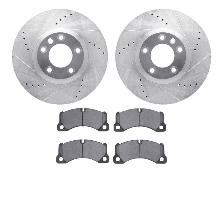 7502-74105 Drilled/Slotted Brake Rotors w/5000 Advanced Brake Pads Kit [Silver], 2012-2018 Porsche, Position: Front
