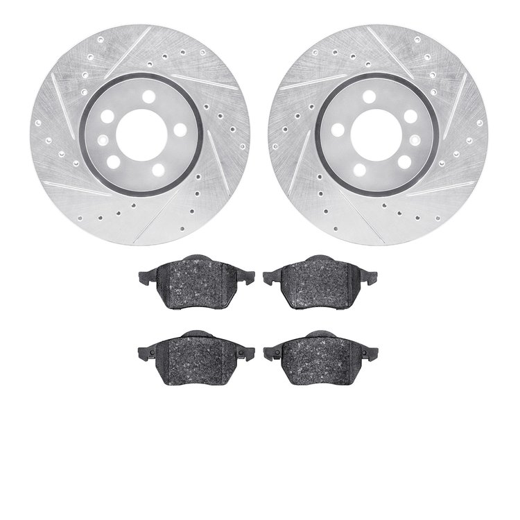 7502-74192 Drilled/Slotted Brake Rotors w/5000 Advanced Brake Pads Kit [Silver], 1997-1998 Audi/Volkswagen, Position: Front