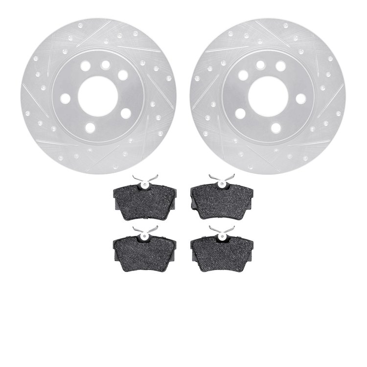 7502-74244 Drilled/Slotted Brake Rotors w/5000 Advanced Brake Pads Kit [Silver], 1996-1997 Audi/Volkswagen, Position: Rear