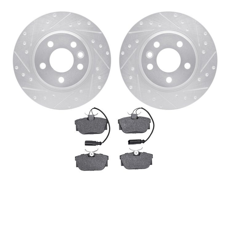 7502-74255 Drilled/Slotted Brake Rotors w/5000 Advanced Brake Pads Kit [Silver], 2001-2003 Audi/Volkswagen, Position: Rear