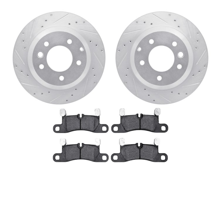 7502-74405 Drilled/Slotted Brake Rotors w/5000 Advanced Brake Pads Kit [Silver], 2011-2014 Porsche, Position: Rear