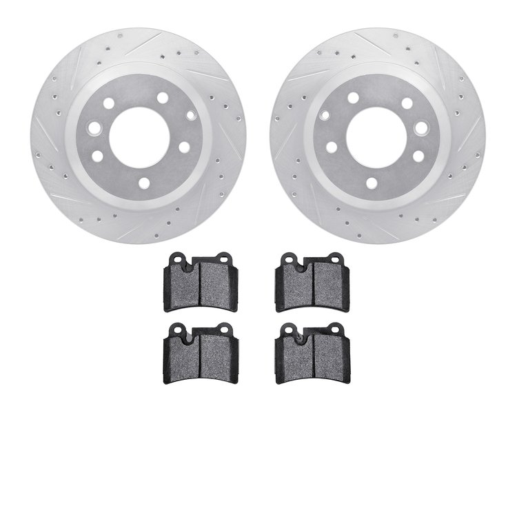 7502-74407 Drilled/Slotted Brake Rotors w/5000 Advanced Brake Pads Kit [Silver], 2008-2009 Audi/Volkswagen, Position: Rear