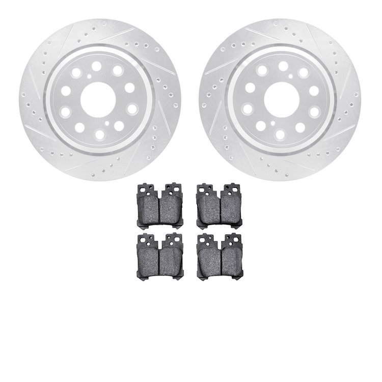 7502-75102 Drilled/Slotted Brake Rotors w/5000 Advanced Brake Pads Kit [Silver], 2007-2017 Lexus/Toyota/Scion, Position: Rear