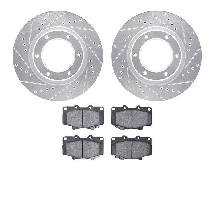 7502-76412 Drilled/Slotted Brake Rotors w/5000 Advanced Brake Pads Kit [Silver], 1990-1992 Lexus/Toyota/Scion, Position: Front