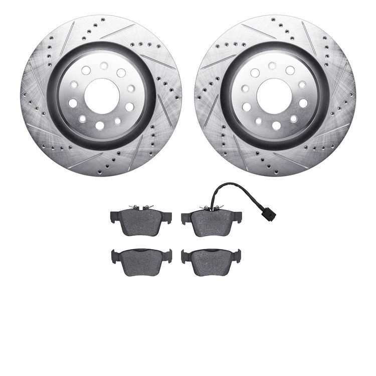 7502-79003 Drilled/Slotted Brake Rotors w/5000 Advanced Brake Pads Kit [Silver], Fits Select Maserati, Position: Rear