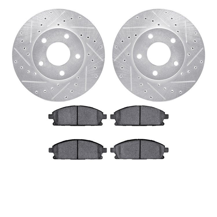 7502-92010 Drilled/Slotted Brake Rotors w/5000 Advanced Brake Pads Kit [Silver], 2002-2007 Infiniti/Nissan, Position: Front