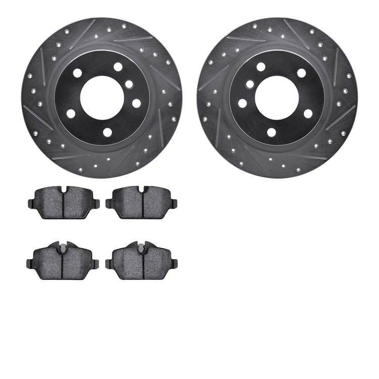 7502-92011 Drilled/Slotted Brake Rotors w/5000 Advanced Brake Pads Kit [Silver], 2005-2012 BMW, Position: Rear