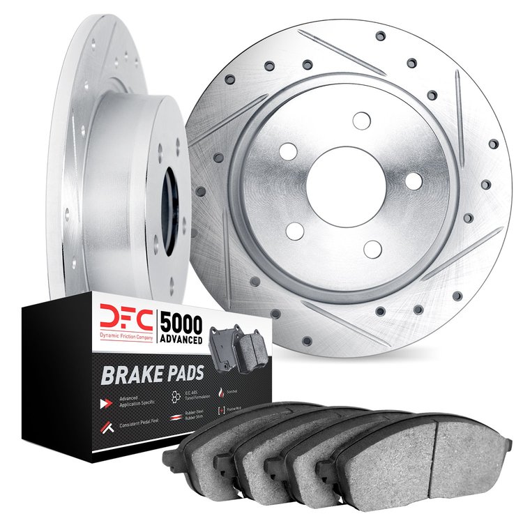 7502-92027 Drilled/Slotted Brake Rotors w/5000 Advanced Brake Pads Kit [Silver], 2012-2018 BMW, Position: Rear