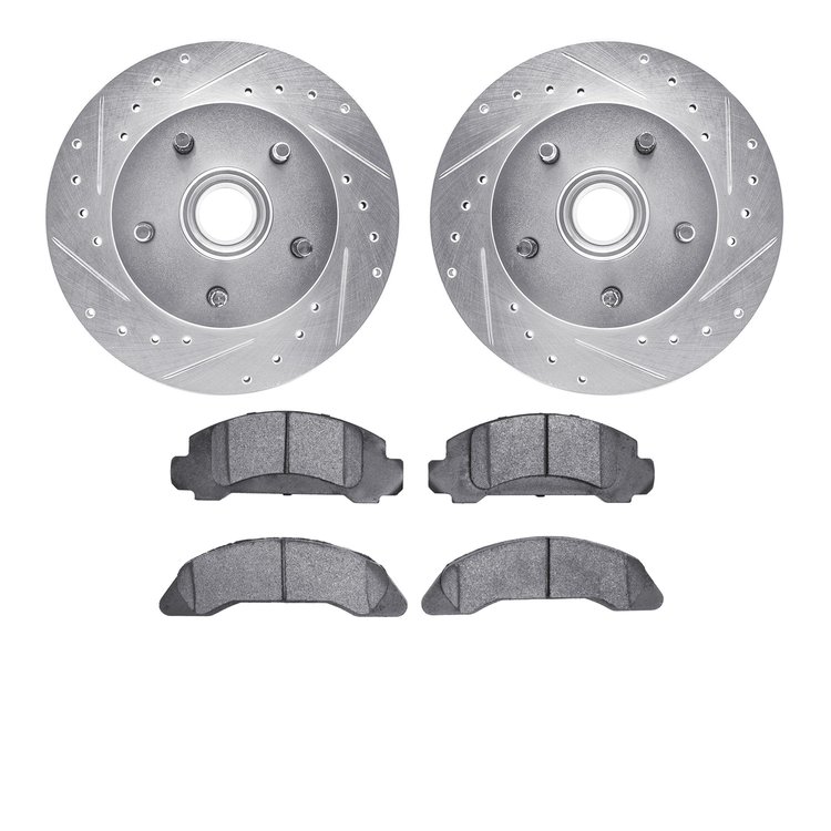 7502-99013 Drilled/Slotted Brake Rotors w/5000 Advanced Brake Pads Kit [Silver], 1986-1987 Ford/Lincoln/Mercury/Mazda, Position:
