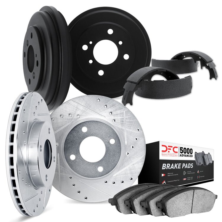 7504-03129 Drilled/Slotted Brake Rotors w/5000 Advanced Brake Pads/Drums & Shoes Kit [Silver], 2006-2012 Multiple Makes/Models, 