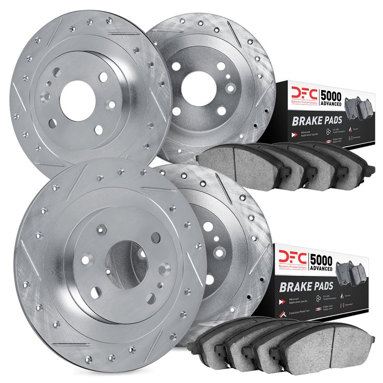 7504-07010 Drilled/Slotted Brake Rotors w/5000 Advanced Brake Pads Kit [Silver], 1968-1988 Multiple Makes/Models, Position: Fron